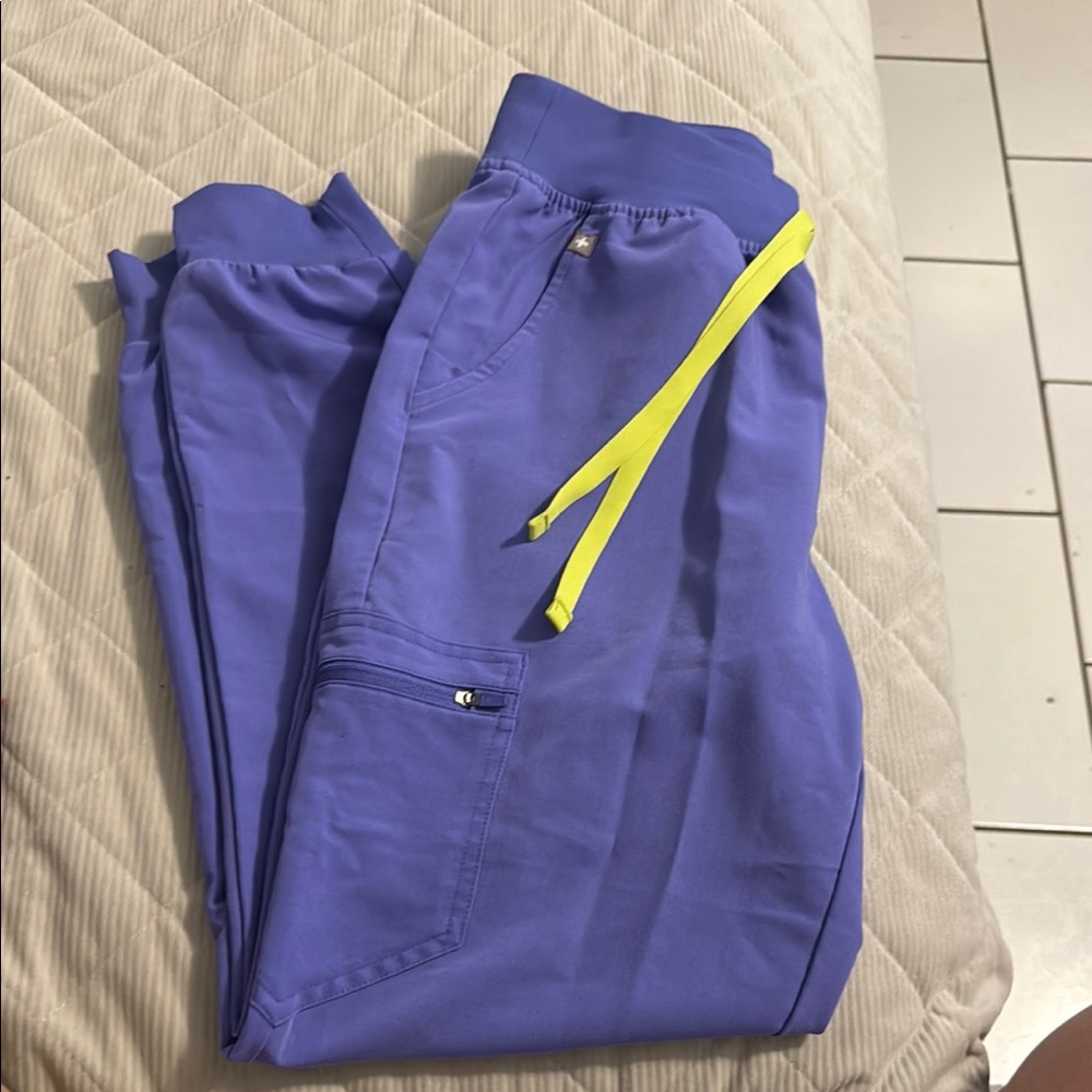 Figs Blue Ankle Cropped Pants with Yellow Accents
